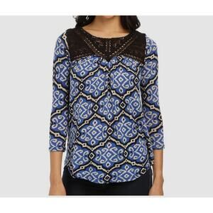 Lucky Brand Size Medium Geo Tile Lace Yoke Linen Blend Top Blue Black White